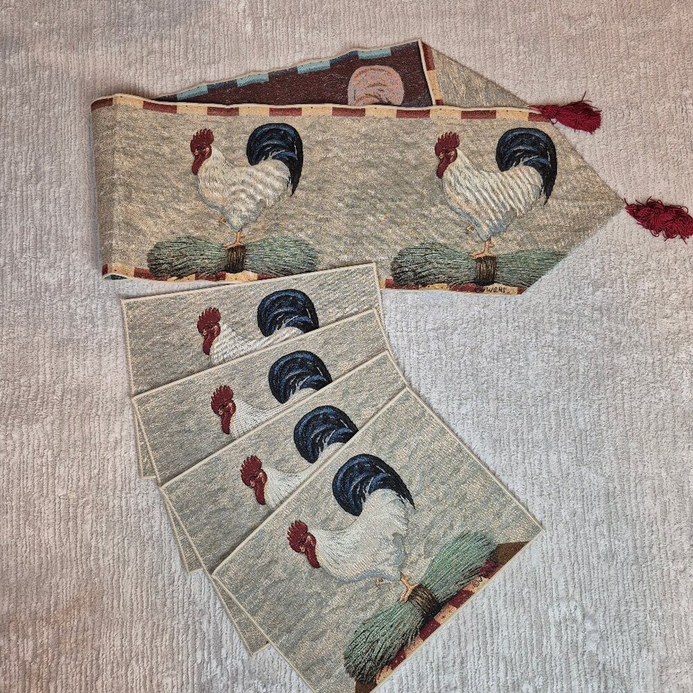 J Wiens Rooster Tapestry Tassel Table Runner & 4 Placemats